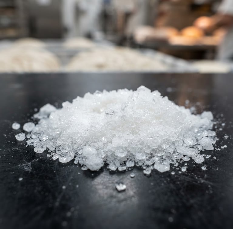 Macro close-up of fine white crystalline Sodium Acid Pyrophosphate (SAPP) powder on a sterile black laboratory surface, under crisp white light, with a blurred background of rising bakery dough.