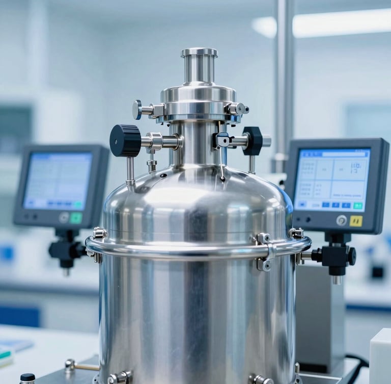 Crisp industrial photography, bright sterile laboratory light, close-up of a stainless steel testing reactor with digital calibration screens, cool blue tones, 50mm