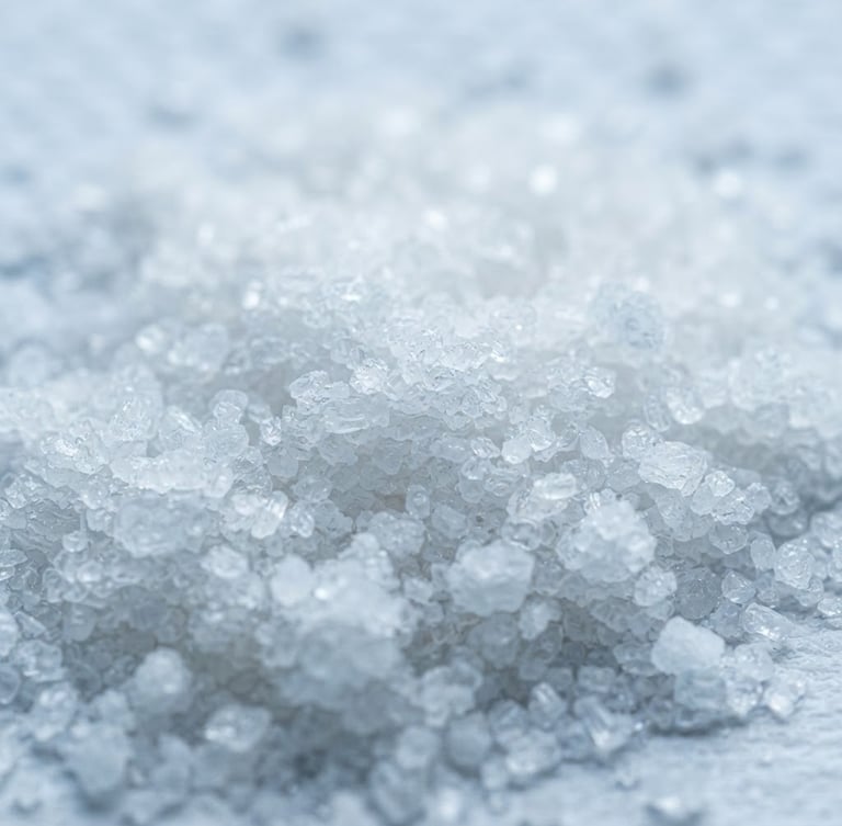 Macro shot of fine, crystalline white sodium hexametaphosphate powder, brightly lit in a sterile laboratory setting, cool blue and white tones, sharp focus.