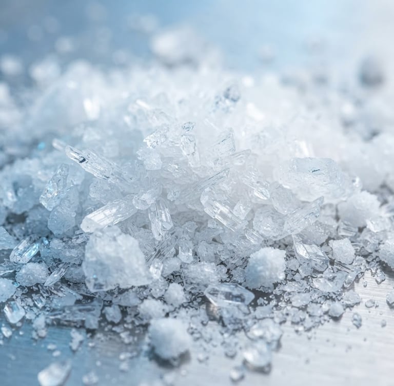 Crisp industrial macro photography of pure white crystalline tetrasodium pyrophosphate powder, bright sterile laboratory light, cool blue tones, sharp focus, 50mm