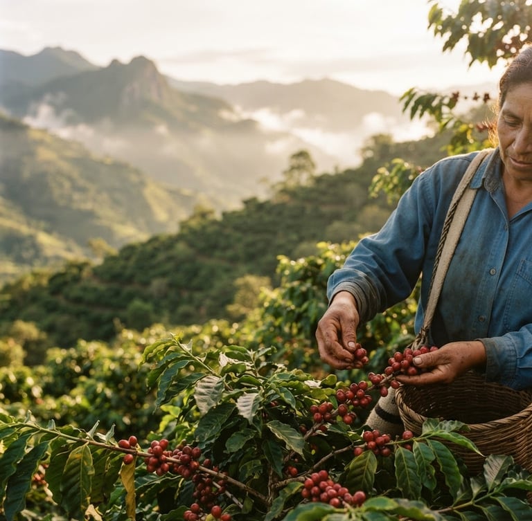 Portrait shot of sun-drenched coffee plantations in Alto de los Padres, Santander, Colombia, with mist in the mountains at golden hour, rich earthy tones, shallow depth of field, 35mm film style, a worker's hand harvesting red Castillo cherries in the mid-ground right, generous negative space above and to the left.