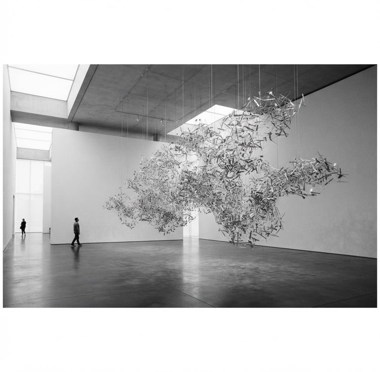 minimalist gallery photography, large-scale contemporary art installation, soft natural diffused light, desaturated black and white, sharp focus, 35mm architectural lens, wide panoramic frame, subject off-center right