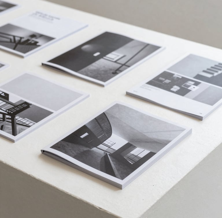 A desaturated flat-lay of printed contemporary exhibition catalogues and research journals on a white concrete table, soft natural overhead light, minimal composition