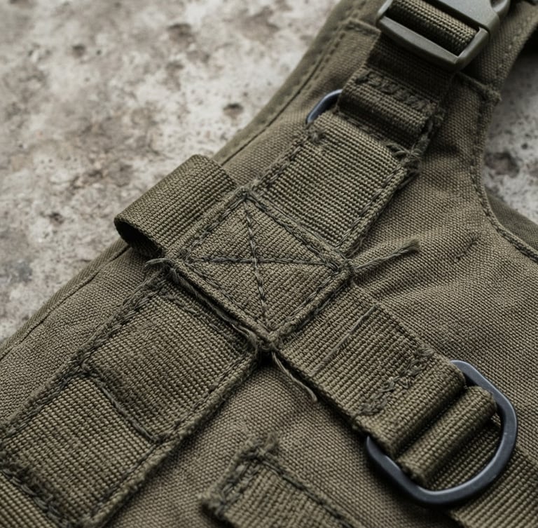 Macro detail of heavy-duty double-stitched olive-drab seams on a load-bearing vest laid flat on concrete, hard overcast daylight.