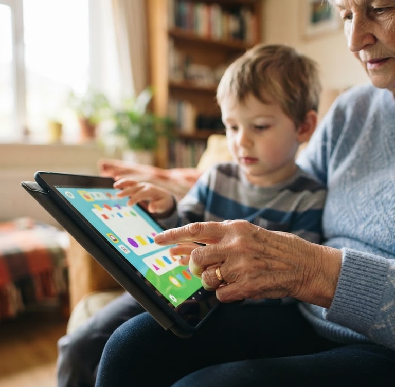 Close-up of a grandmother and grandson's hands together holding a large Android tablet, displaying a clean high-contrast app interface, bright natural daylight from a nearby window, soft warm home environment, shallow depth of field, 35mm lens.