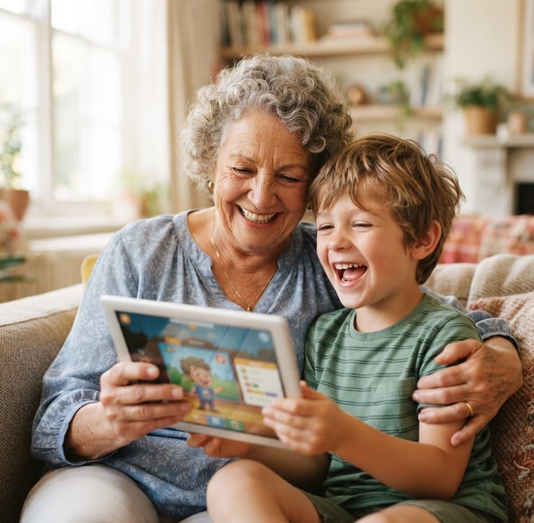 Close-up of a grandmother and grandson laughing together while looking at a tablet screen, bright natural daylight, soft clean colors, shallow depth of field, 35mm lens.