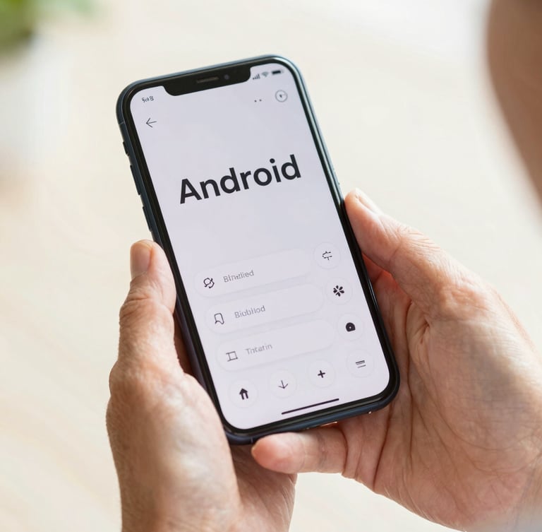 Close-up on hands of an older adult holding a modern Android phone, displaying an application with large, crisp typography and clear buttons, bright natural daylight