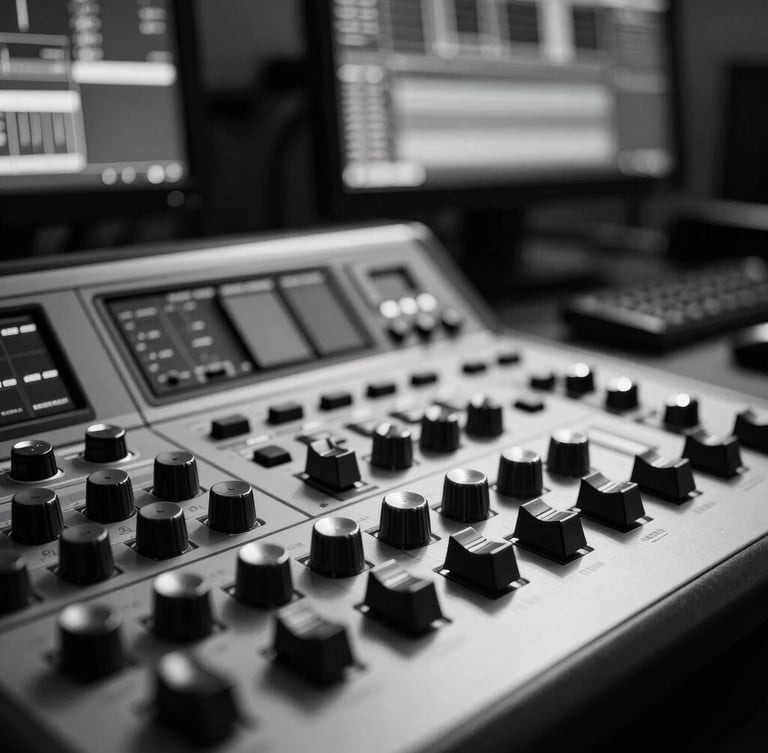 Portrait close-up shot of a professional video editing console, stark high-contrast studio lighting, sharp white highlights on dark metallic dials, a blurred monitor with a video timeline in the background, monochrome aesthetic.