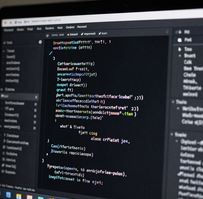 Macro close-up of a high-contrast web development IDE showing clean code, dark mode interface, sharp white highlights, deep shadows, studio lighting, monochrome aesthetic.