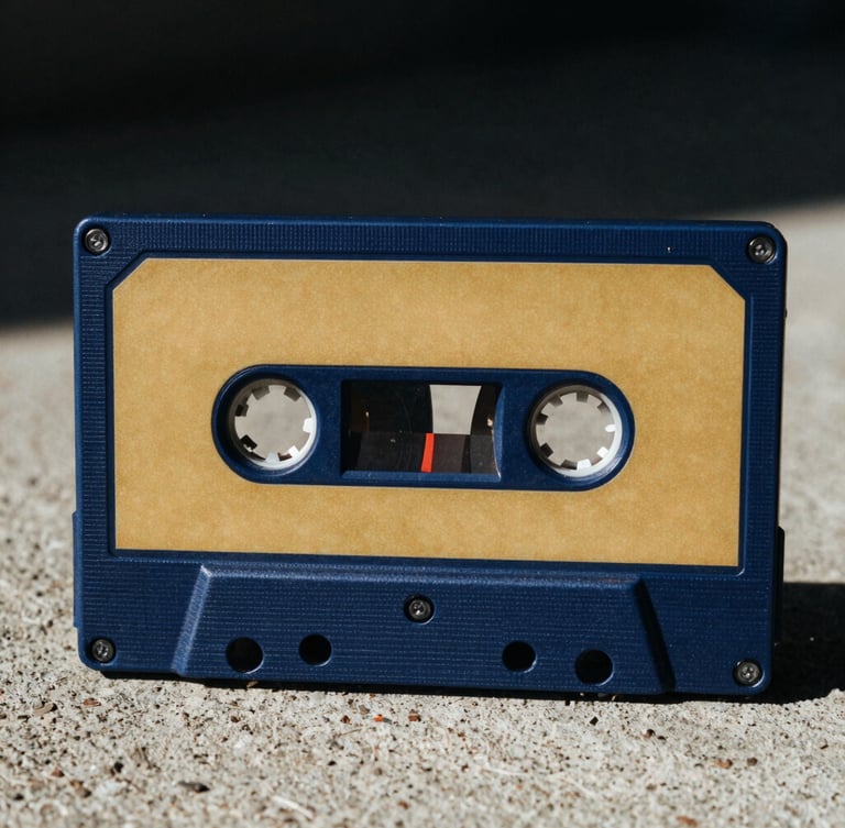 A close-up of a vintage cassette tape painted in blue and gold on raw concrete, dramatic direct sunlight, high-contrast streetwear photography, 35mm film grain.