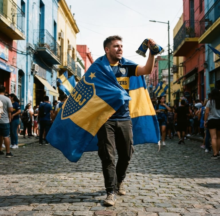 Low-angle dynamic shot of a Boca Juniors fan draped in a blue and gold flag walking down a gritty street in La Boca, Buenos Aires, strong direct sunlight, cinematic 35mm film grain.