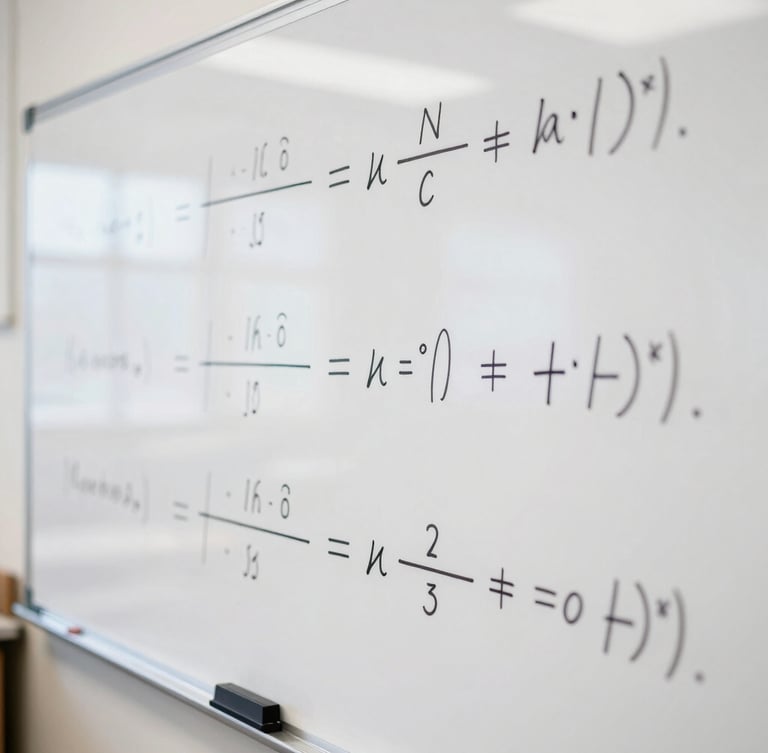 Close-up of handwritten physics derivations and complex mathematics formulas on a clean whiteboard, bright natural classroom lighting, sharp focus