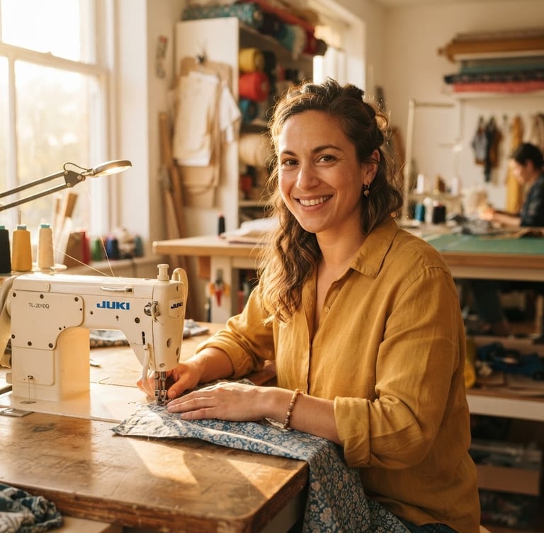 A medium-close portrait of a woman in a bright, clean workshop, smiling confidently while operating a sewing machine, warm natural golden-hour sunlight, shallow depth of field, 35mm lens