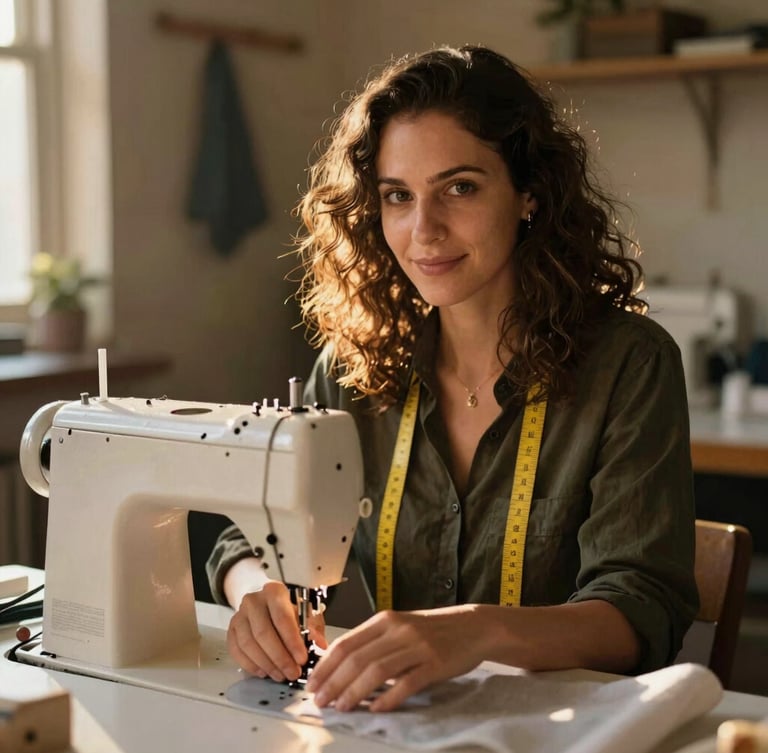 Confident portrait of a woman tailor working at a sewing machine in a sunlit community workshop, warm golden-hour sunlight, rich authentic tones, candid human portrait, shallow depth of field, 35mm lens