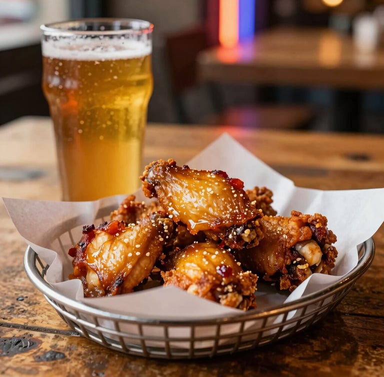 Close-up of a basket of crispy chicken wings next to a condensation-covered pint of amber draft beer on a weathered wooden table, warm low-key tavern lighting, neon glow in background.