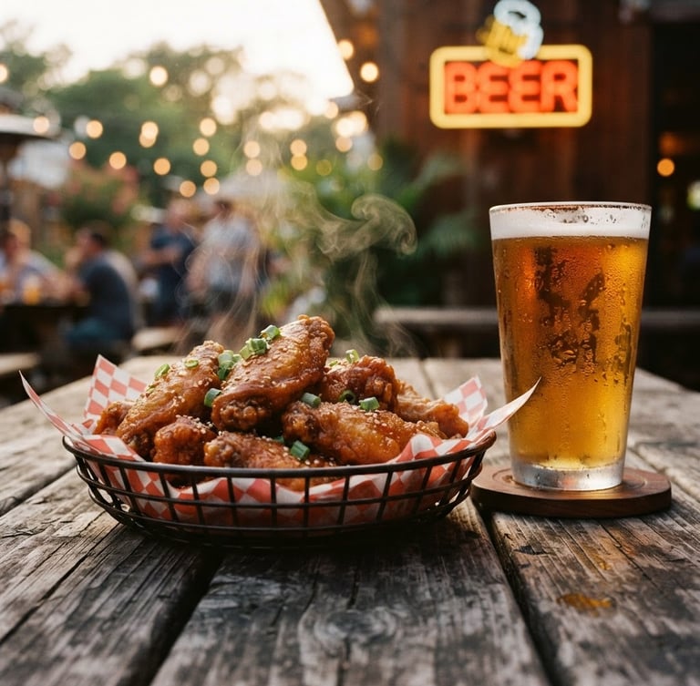 Close-up shot of a steaming basket of crispy wings on a weathered wood table, warm neon light from a beer sign reflecting on a cold condensation-covered pint of beer nearby, shallow depth of field, 35mm film.