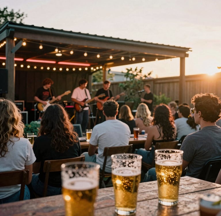 Warm editorial photography of a crowded outdoor backyard patio at dusk, a local rock band playing on a wooden stage, string lights overhead, condensation on beer pints in the foreground, golden-hour glow, 35mm film.