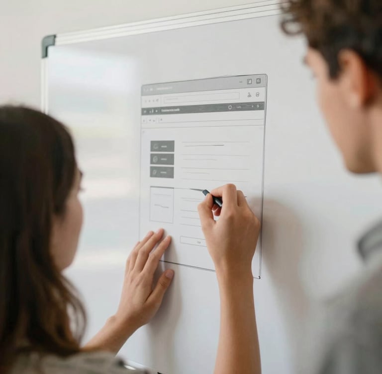 Close-up of hands sketching a website layout on a whiteboard during a community workshop, soft daylight, realistic color grading