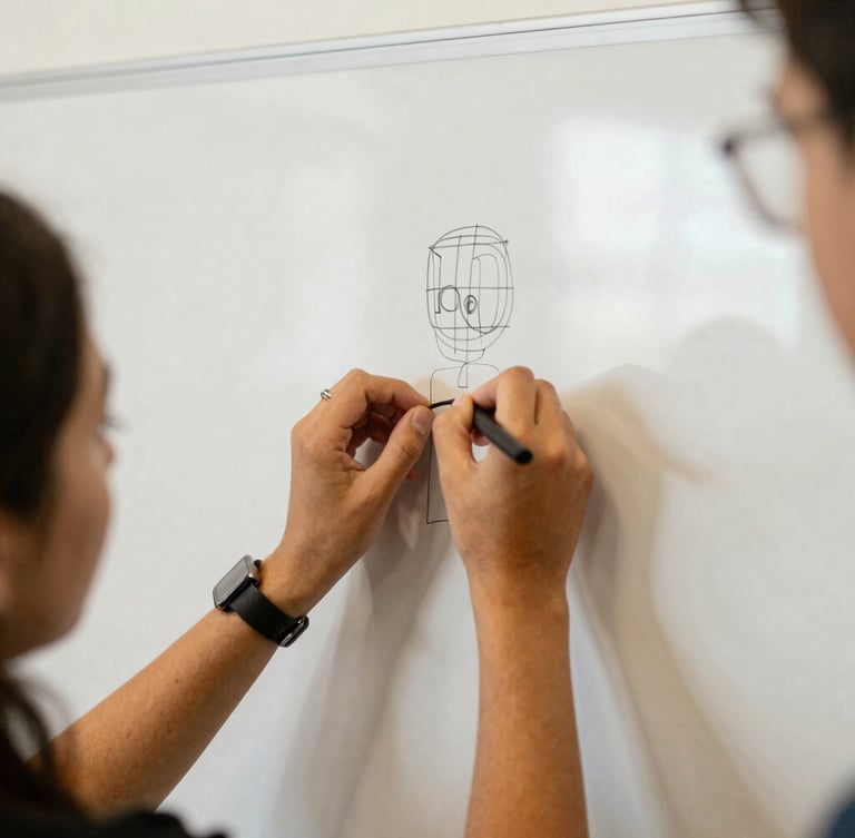 Close-up of hands sketching a wireframe on a whiteboard during a collaborative civic tech session, warm daylight, authentic documentary style