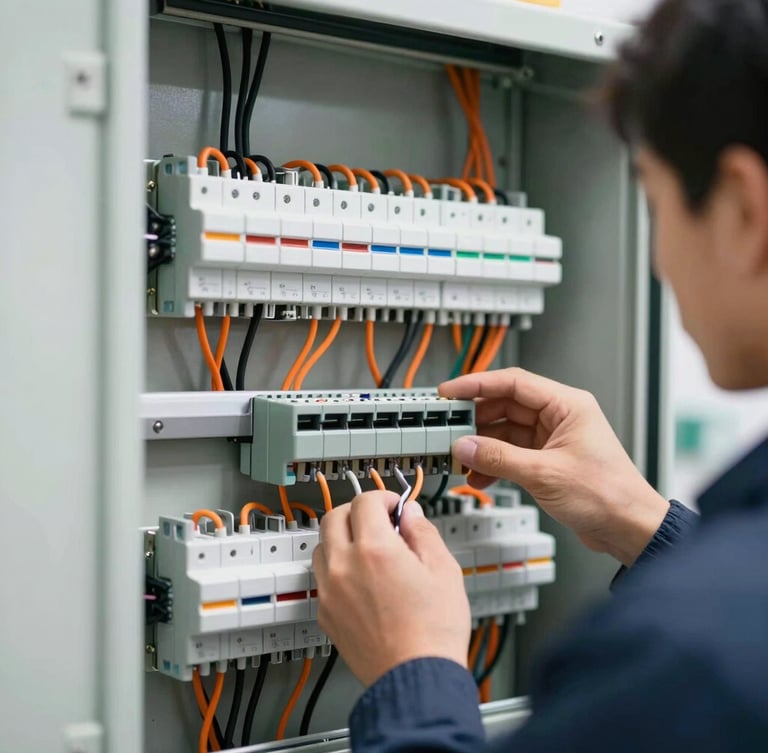 Close-up of a technician in a clean uniform wiring a complex low-voltage security panel, neatly routed orange and black wires, bright crisp utility lighting, 35mm