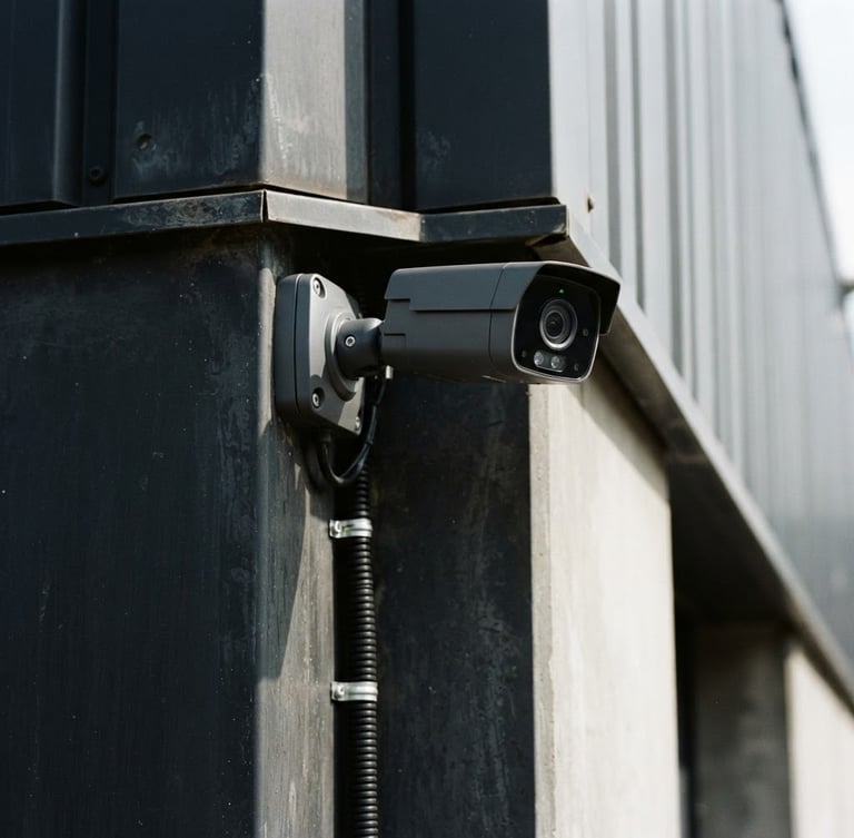 Sharp straight-on close-up of a security camera mounted cleanly on a dark architectural corner, conduit-protected wiring visible, bright natural daylight, high-contrast industrial tones, 35mm
