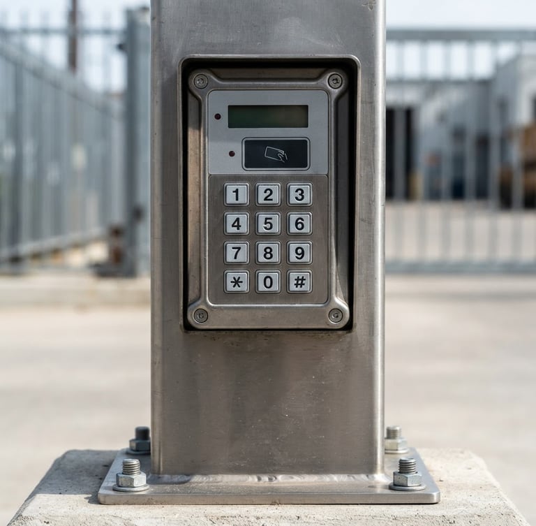 Sharp straight-on close-up of a commercial gate access keypad mounted on a clean steel pedestal, bright daylight, high-contrast industrial tones