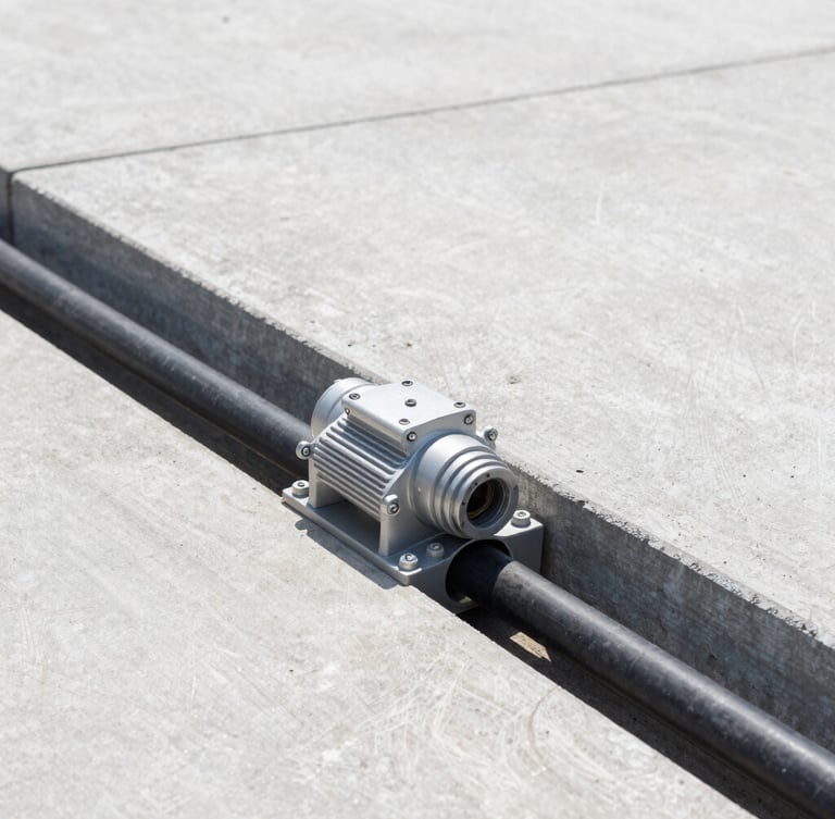 Neatly routed underground conduit runs entering a heavy-duty concrete pad for a commercial gate operator, bright daylight, technical precision