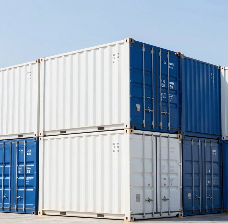Bright high-key corporate photography of a modern deepwater port, clean geometric shipping containers stacked, crisp natural daylight, blue and white tones, 35mm