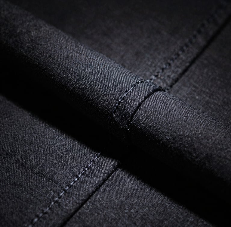 Macro close-up of heavy 280gsm organic cotton fabric weave, showing thick textile structure and clean double-needle stitching, deep shadows, high-contrast spotlighting