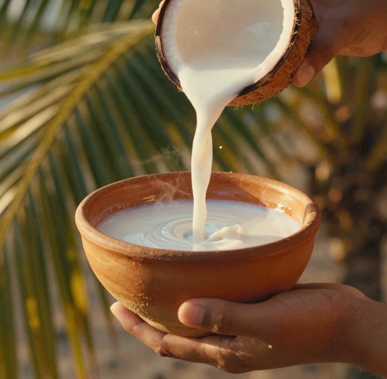 A close-up of a hand pouring fresh coconut milk into a rich terracotta bowl, warm golden-hour sunlight filtering through palm leaves, 35mm film.