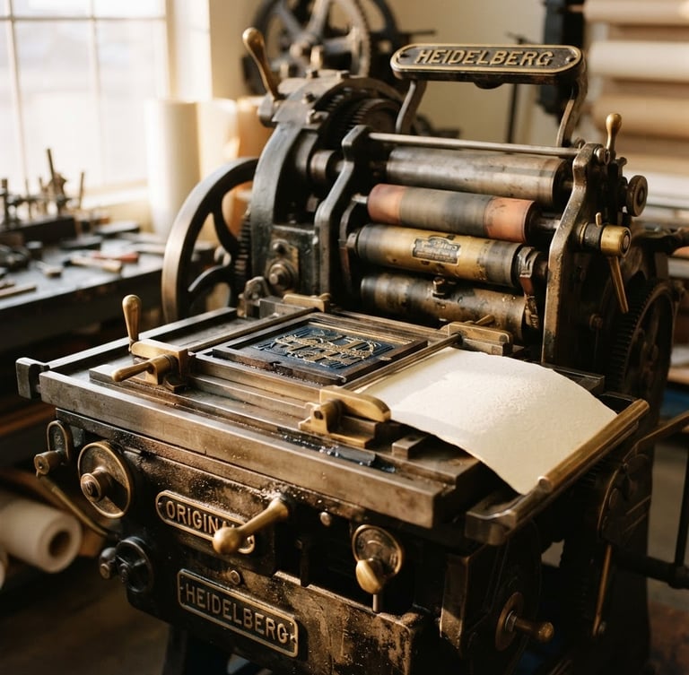 Close-up of a vintage heavy iron printing press in a sunlit West Jordan workshop, warm side-lighting, rich textures of cast iron and brass, shallow depth of field, 35mm
