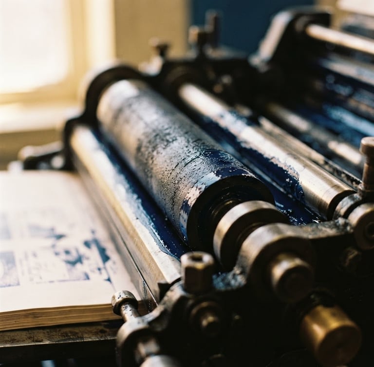 Close-up of a vintage offset printing press roller with deep blue ink, warm natural window light, shallow depth of field, 35mm
