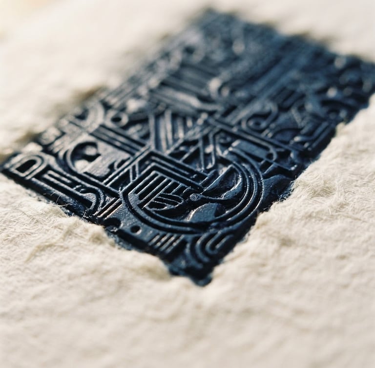 Macro close-up of a heavy letterpress printing plate with fresh dark blue ink, showing the deep texture of thick cotton paper, warm window side-light, shallow depth of field, 35mm.