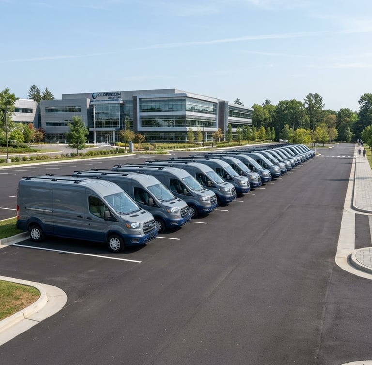 Wide environmental shot of modern fleet vehicles parked in a structured row under bright daylight, crisp focus, 35mm lens.