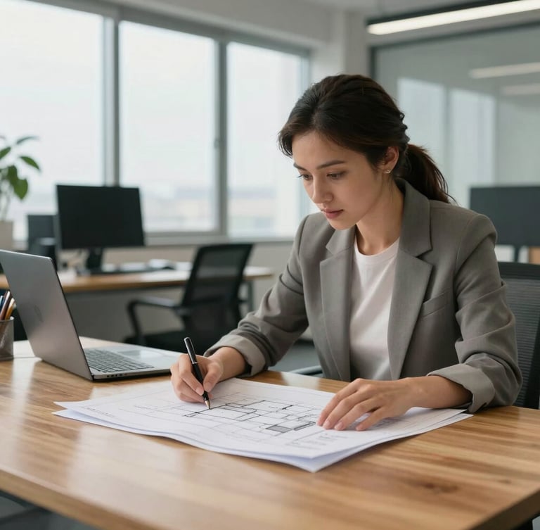 A professional woman in a bright, modern office reviewing architectural plans on a wooden table, natural daylight, medium shot.