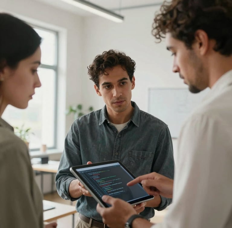 Medium-closeup of three diverse professionals in a bright, daylight-lit architectural studio, collaborating over a tablet, clean minimalist aesthetic, no screens showing code.