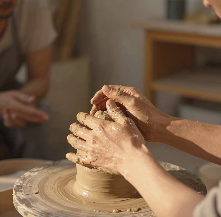 Candid medium shot of a sculptor's hands gently guiding a couple's hands on a wet clay sculpture, warm sun-drenched light, authentic interaction, shallow depth of field, studio environment.