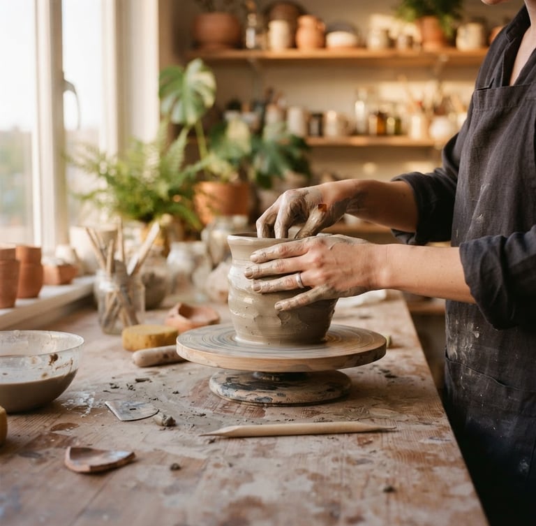 Candid medium shot of a sculptor's hands, gently shaping wet clay on a sun-drenched workbench, studio background softly blurred, golden hour light.