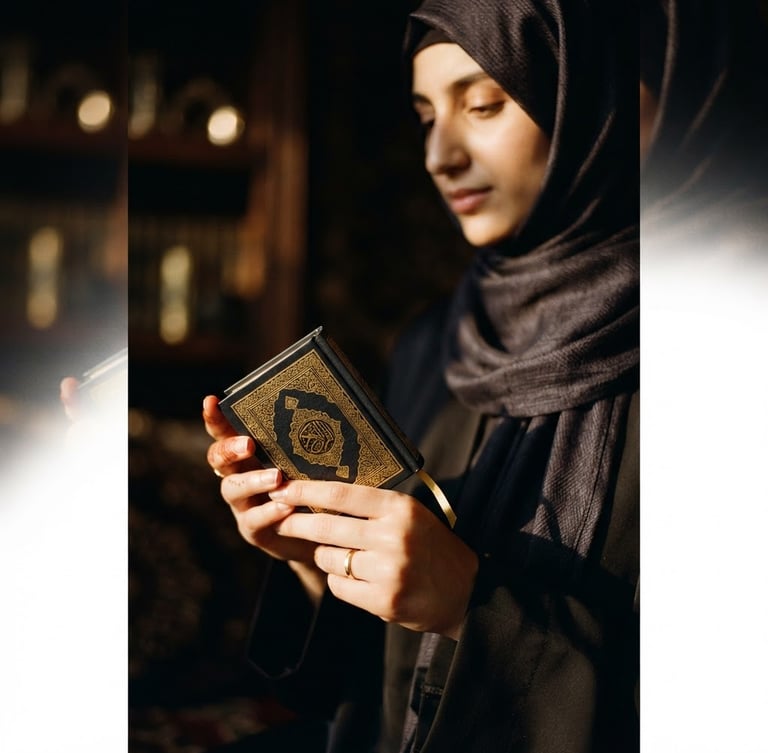 Close-up portrait of a serene, veiled woman's hands gently holding a small, intricately designed Quran, warm golden light filtering from the side, luxurious dark editorial photography, deep black and gold tones, soft shadows, 35mm lens