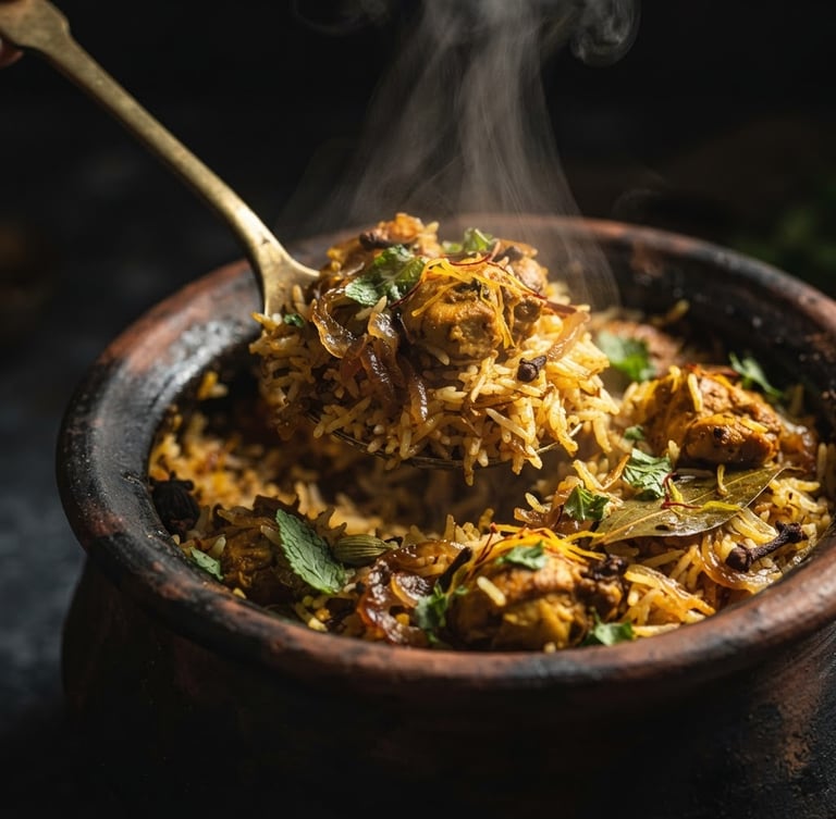 Moody close-up of steaming Biryani being scooped from a clay handi, dramatic side-lighting, rich saffron and charcoal tones, macro depth of field