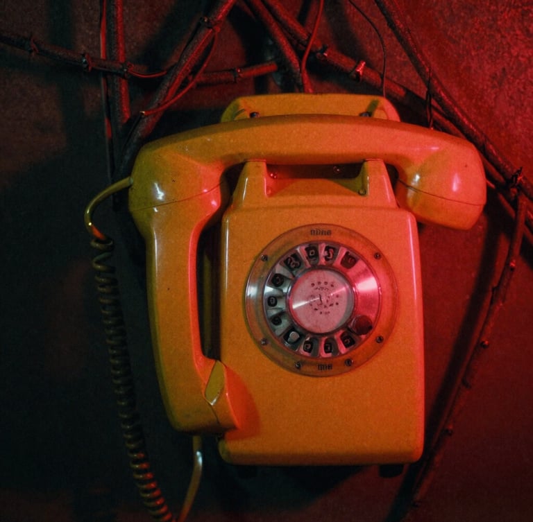 Extreme close-up of dark, pulsing vines wrapping around a retro yellow wall telephone, illuminated by a flickering red neon light, heavy film grain