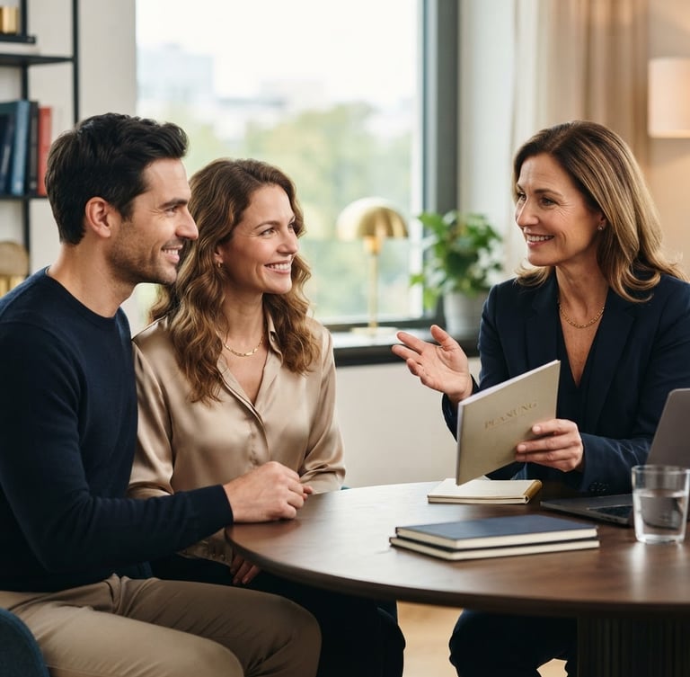 Professioneller Berater im vertrauensvollen Gespräch mit einem Paar, Fokus auf Gesichter und positive Interaktion, modernes Büroambiente mit weichem Fensterlicht, flacher Tiefenschärfebereich, in Navy- und Goldtönen.
