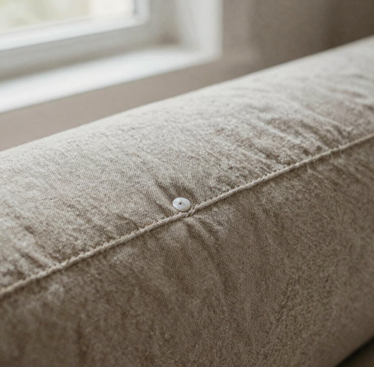 Tactile close-up of heavy organic linen fabric, double-needle stitched seams, soft north-facing window light, muted earthy tones, medium format film