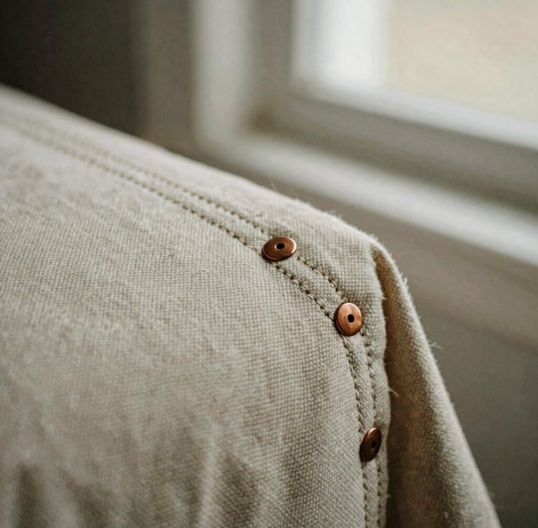 Macro crop of raw, un-dyed oatmeal canvas weave under soft north-facing window light, showing double-needle stitched seams and copper rivets.