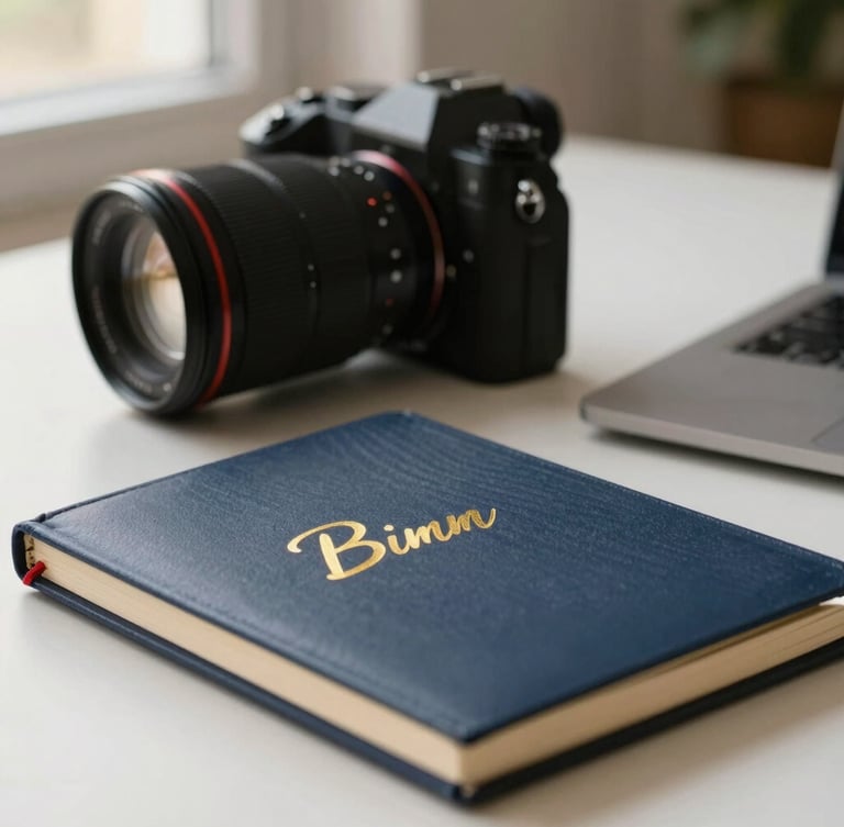 A close-up of a digital creator's desk, a high-end camera, a notebook with gold foil lettering, soft warm window light, clean modern composition
