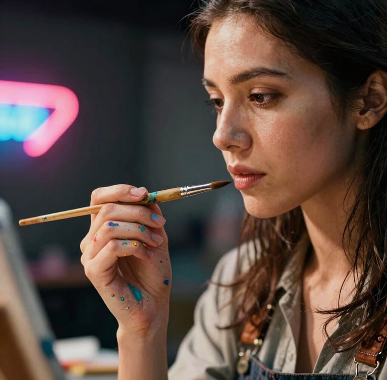 A close-up portrait of a professional female artist with paint splatters on her hands, holding a fine-tip brush, warm dramatic side lighting, shallow depth of field, 35mm film.