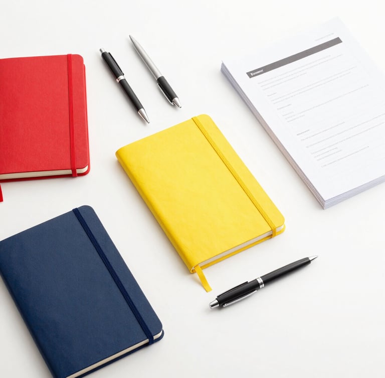 Overhead flatlay of high-quality notebooks, professional pens, and neatly stacked printed documents on a clean white desk, bright high-key studio lighting, crisp focus