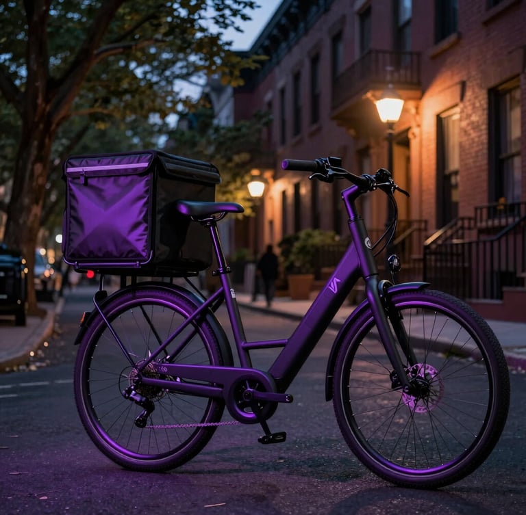 Sleek professional courier on a matte black e-bike navigating a tree-lined Brooklyn brownstone street at dusk, warm streetlights, moody high-contrast lighting with a subtle violet gel glow, 35mm