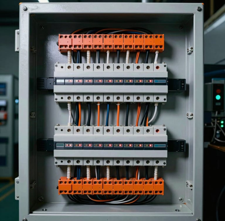 High-contrast industrial photography of an open electrical control panel, neatly organized wiring harness, orange terminal blocks, PLC module with active indicator lights, 50mm lens, sharp focus.