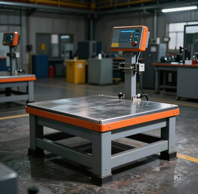 Heavy-duty industrial platform scale on a factory floor, dramatic high-contrast lighting, safety orange accents, sharp focus, 50mm lens
